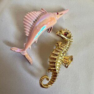 Vintage Costume Sea Animal Seahorse Swordfish Estate Pin Brooch Set of 2